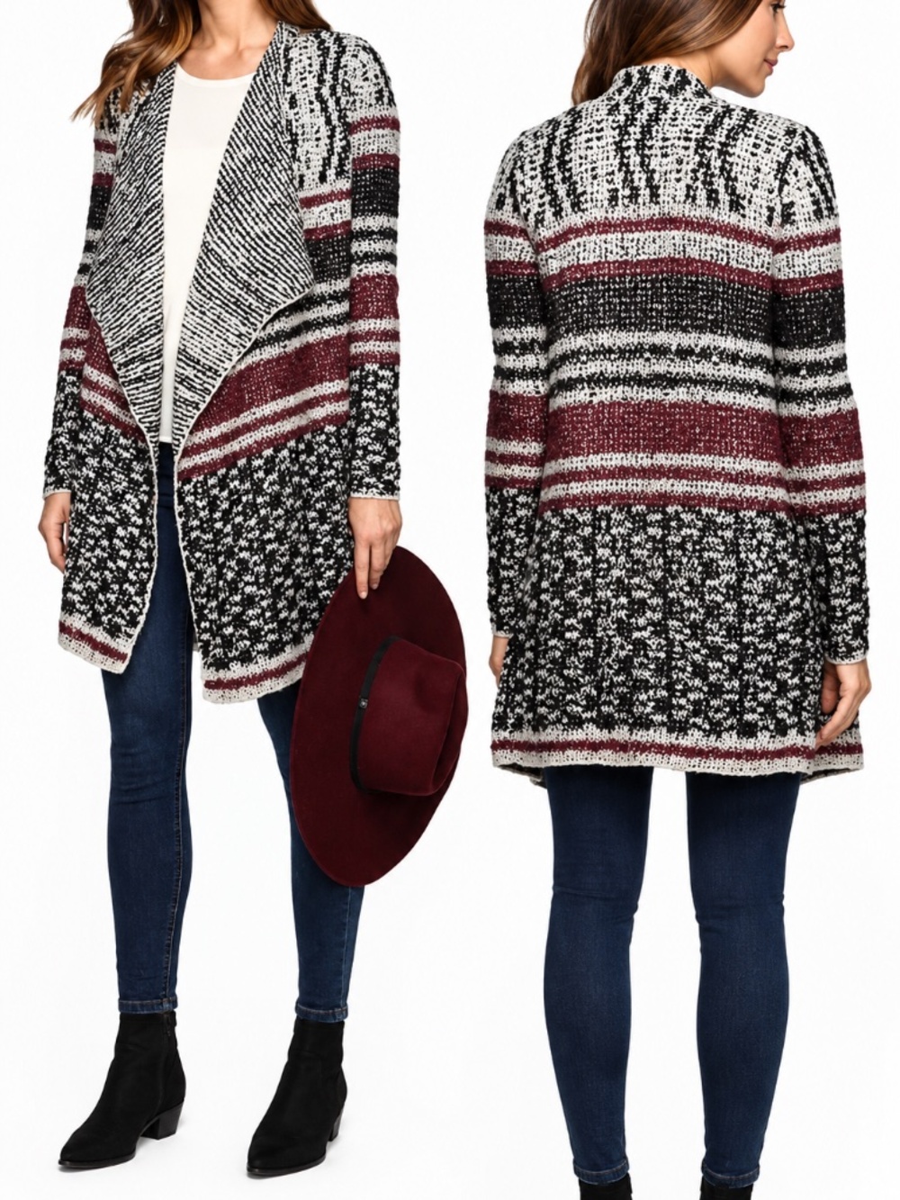 Lucky Brand Draped Open Front Chunky Knit Cardigan Marled Boho Western M